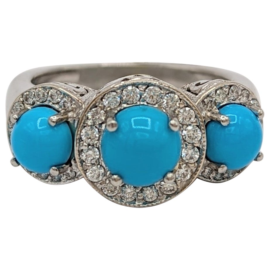 Turquoise Cabochon and White Diamond Three Stone Ring in Platinum For Sale