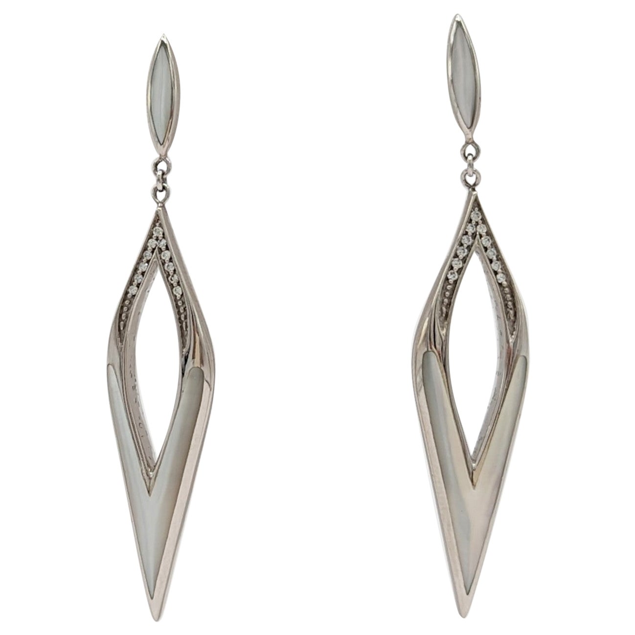 Estate Kabana White Mother of Pearl & Diamond Dangle Earrings in 14K White Gold For Sale