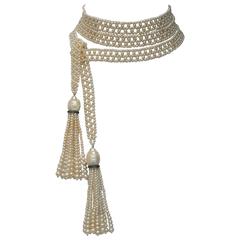 Woven Pearl Sautoir Necklace with Pearl Tassel and Silver Diamond Rondelle