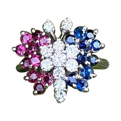 Diamond Sapphire Ruby Butterfly Ring 14 Karat White Gold Insect Cocktail Ring