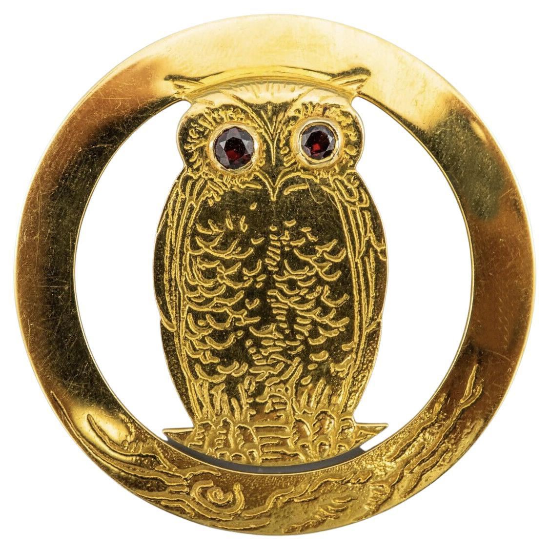 Tiffany & Co. Antique 18k Yellow Gold & Garnet Owl Pendant circa 1900s Rare