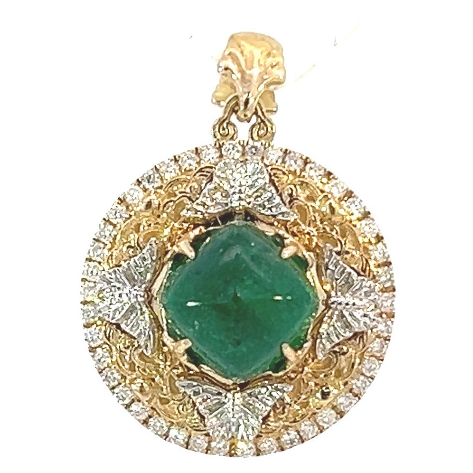 Rare 14k Butterfly 1.54 ct Intense Green Cab Emerald .16 ct Diamond Medallion For Sale