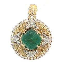 Rare 14k Butterfly 1.54 ct Intense Green Cab Emerald .16 ct Diamond Medallion