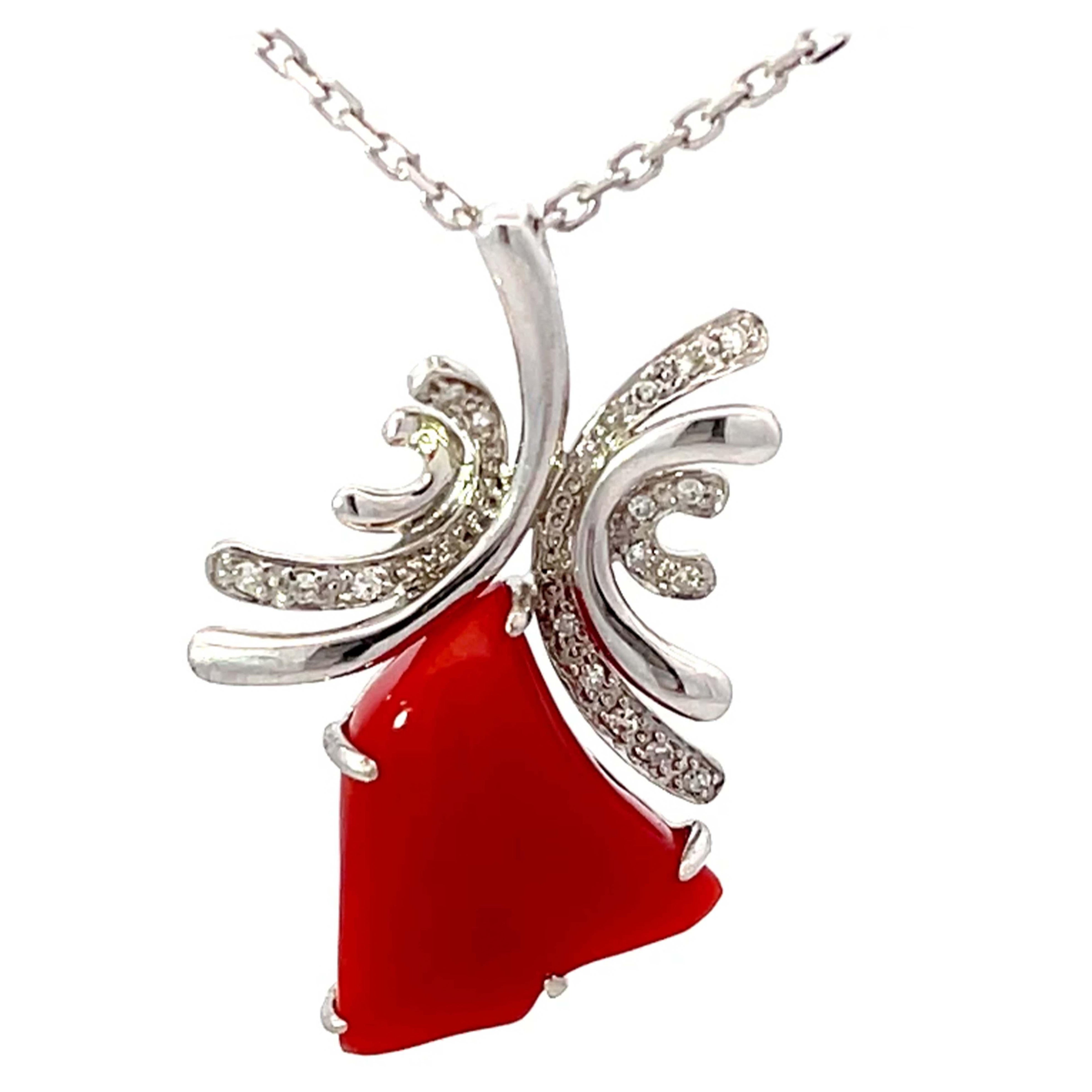 Aka Coral Red Heart Diamond Necklace Solid 14k White Gold