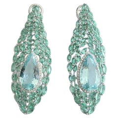 Set in 18K Gold, 16.45 carats Aquamarine, Emeralds & Diamonds Chandelier Earring