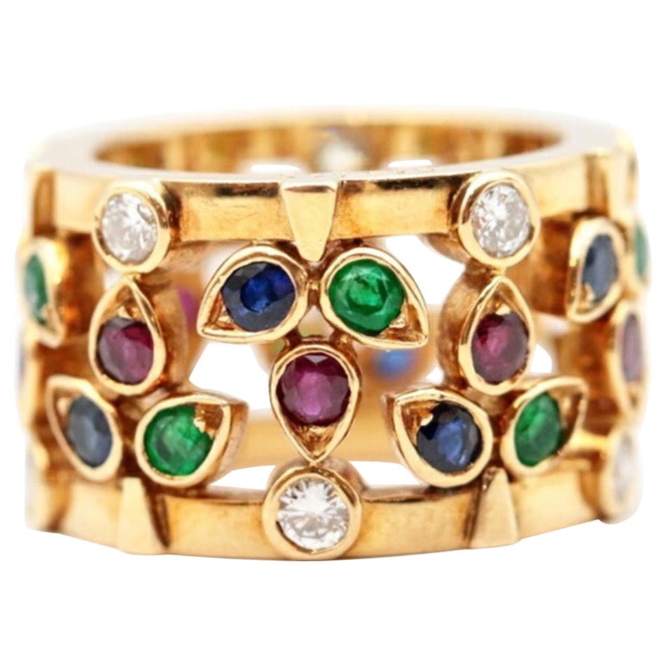 Cartier Multicolor Diamond, Emerald, Ruby, Sapphire Ring in 18K Yellow Gold For Sale