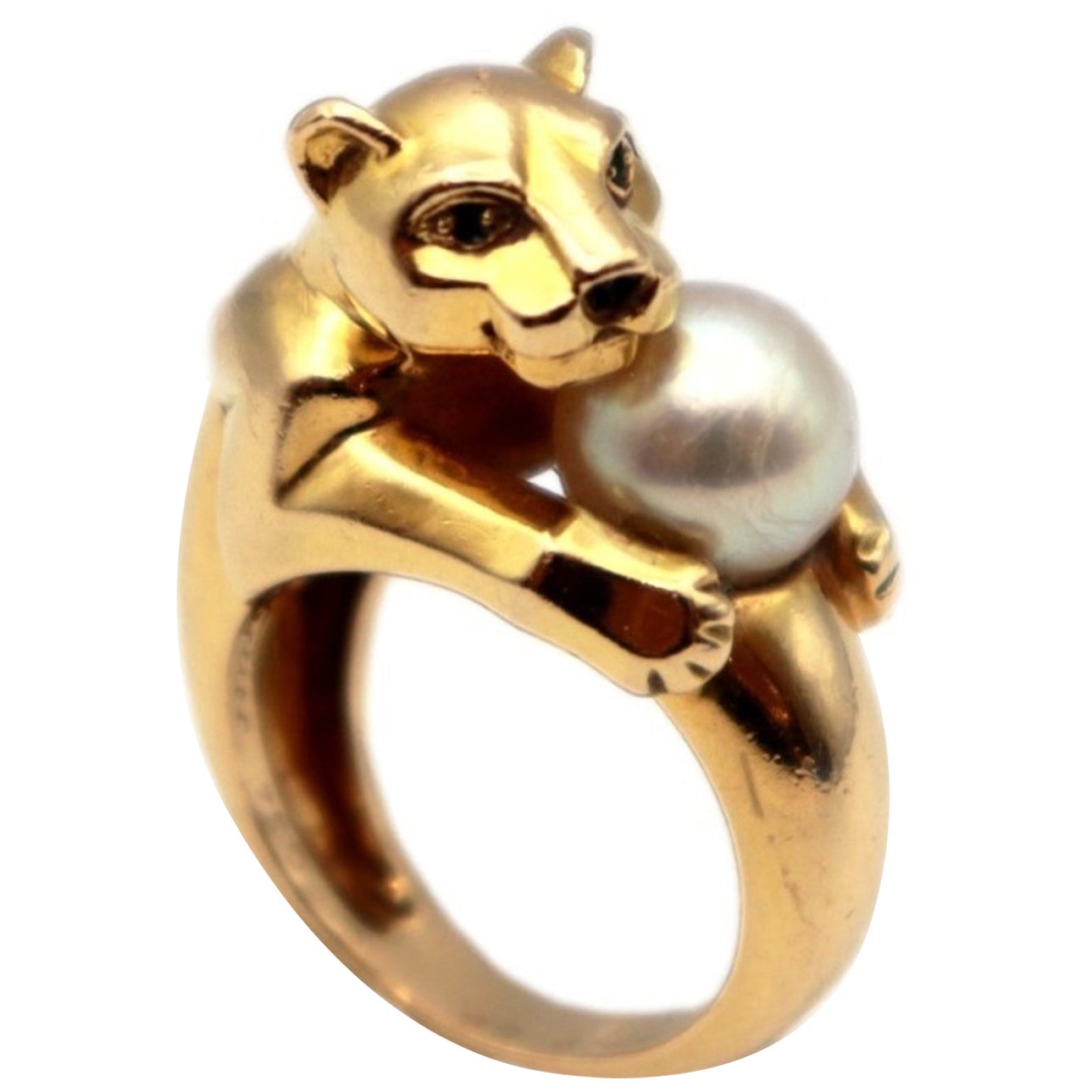 Cartier Vedra Panther Pearl, Emerald, Onyx Ring in 18K Yellow Gold For Sale