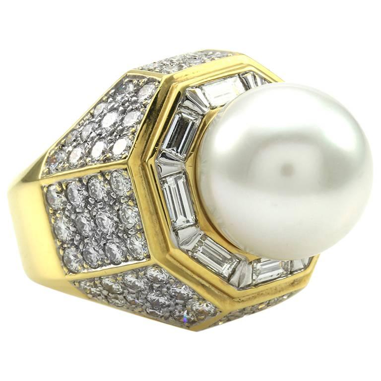 South Sea Pearl and Gold Ring with Mixed Cut Diamonds For Sale