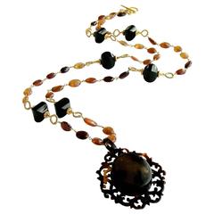 Victorian Celluloid Faux Tortoise Cartouche Locket and Hessonite Onyx Necklace