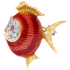 18K Yellow Gold Diamond and Pink Sapphire Parrot Fish Red Enamel Brooches Pins