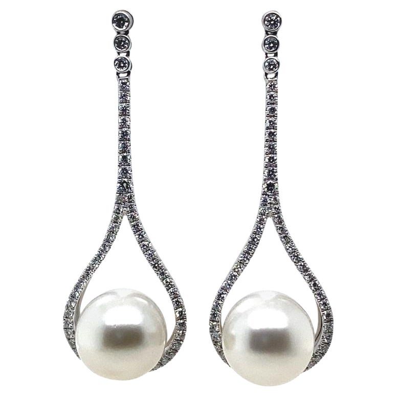 Diamond and Pearl Drop Earrings 18 Karat White Gold For Sale