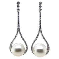 Diamond and Pearl Drop Earrings 18 Karat White Gold
