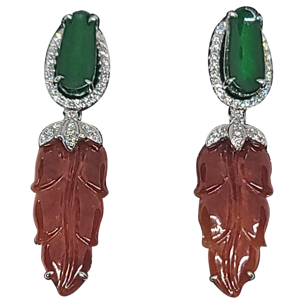 Bochic “Orient” Cluster Diamond & Green & Chocolate Jade Drop Earrings  For Sale