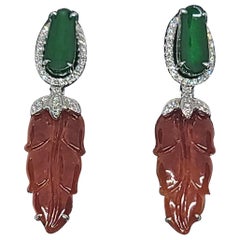 Used Bochic “Orient” Cluster Diamond & Green & Chocolate Jade Drop Earrings 