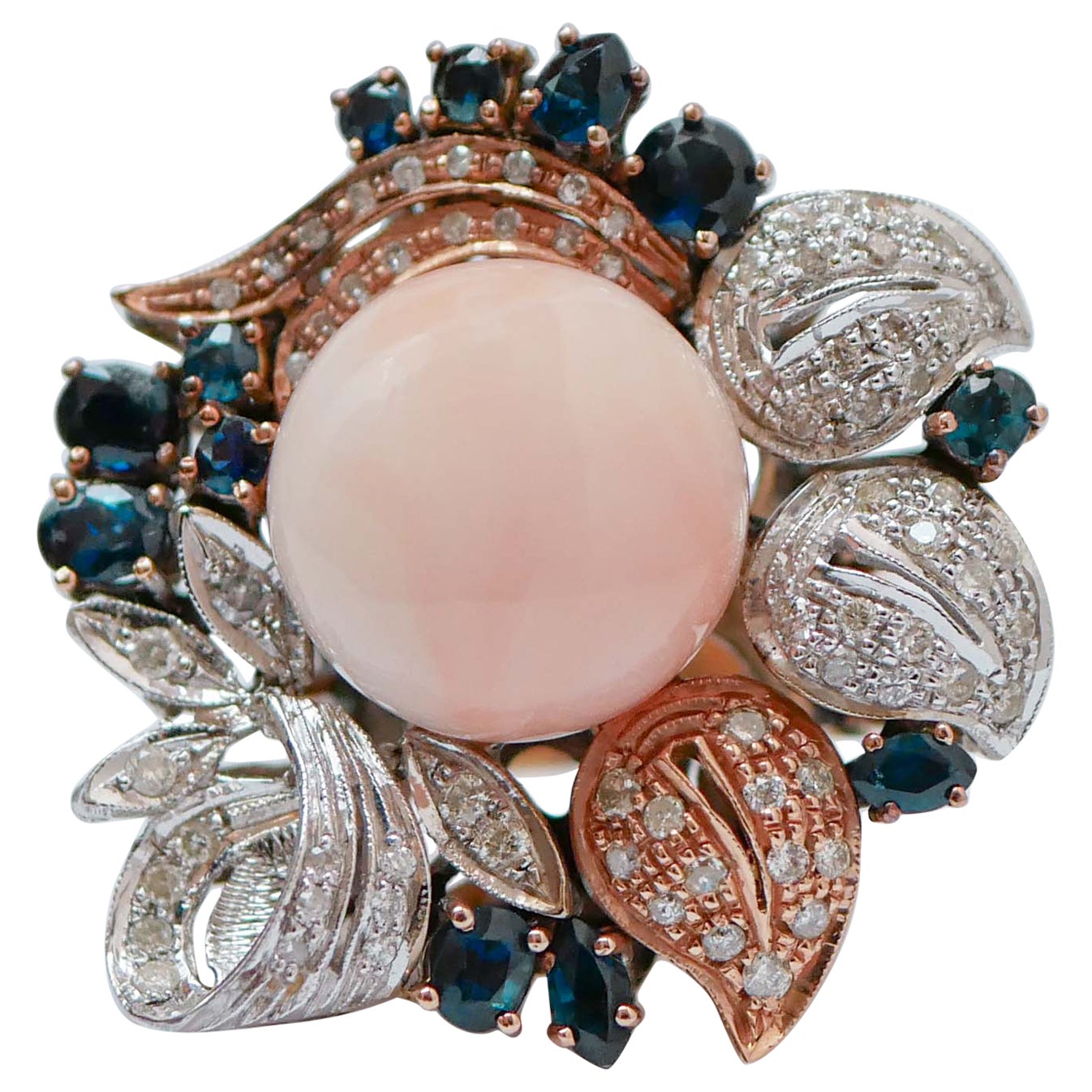 Coral, Sapphires, Diamonds, 14 Karat Rose Gold and White Gold Ring. For Sale