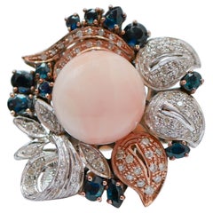 Coral, Sapphires, Diamonds, 14 Karat Rose Gold and White Gold Ring.