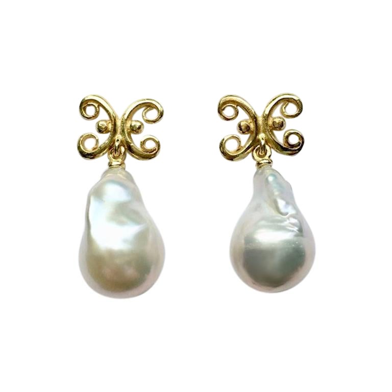 Logo Baroque Freshwater Pearl 18ct Yellow Gold Earrings For Sale