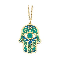 Curata 14k Yellow Gold 18" Italian Blue Green Enamel Evil Eye Hamsa Necklace