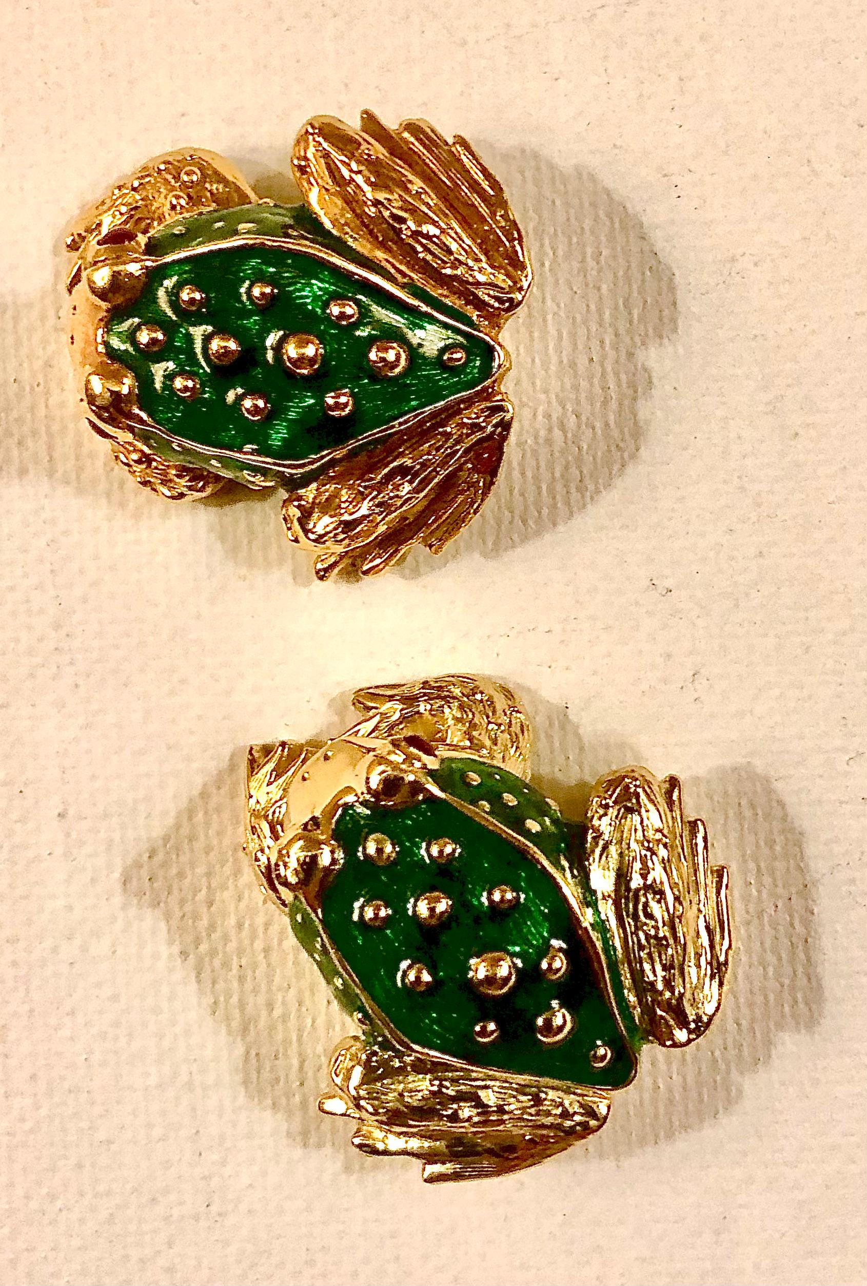 Mr. Frog 18kt gold, vivid green enamel and ruby cabochon pair of clip earrings   For Sale