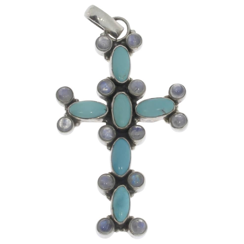 Art Nouveau Silver Cross Pendant with Turkuoises and Moonstones For Sale