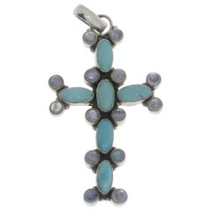 Ciondolo a croce in argento in stile liberty con turchesi e pietre lunari