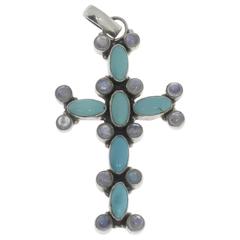 Art Nouveau Silver Cross Pendant with Turkuoises and Moonstones 6
