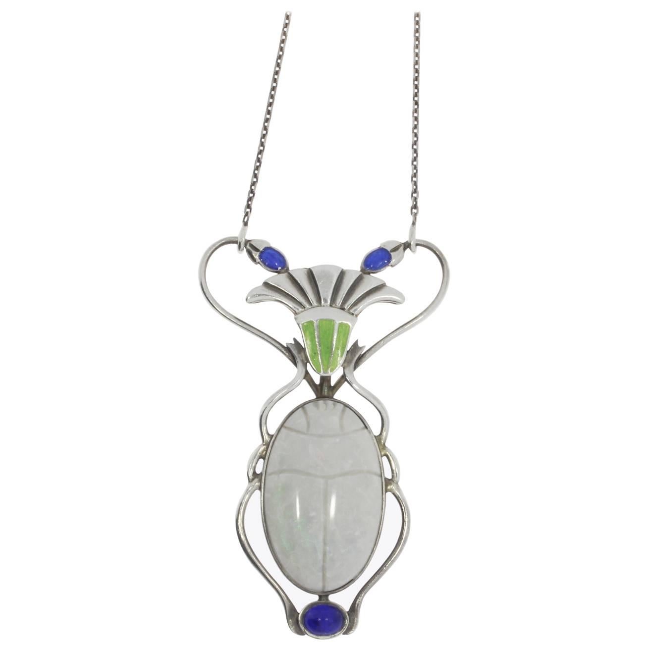 Art Nouveau Opal Silver Scarab Pendant For Sale