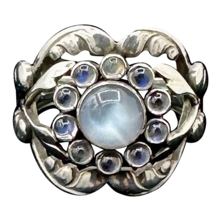 Georg Jensen Moonlight Blossom Moonstone Ring 10 Denmark Sterling Silver For Sale