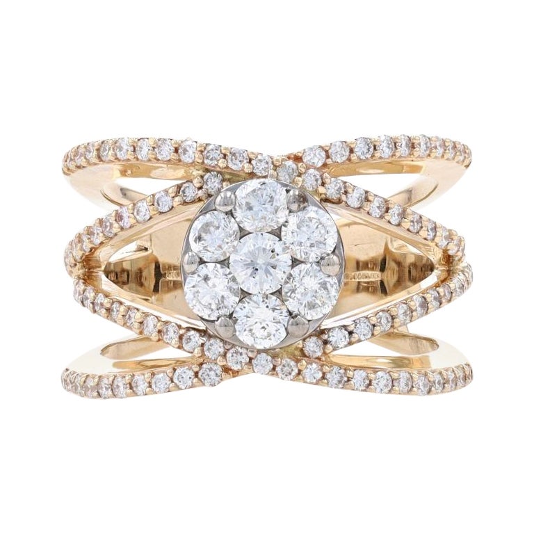Yellow Gold Diamond Cluster Halo Ring - 14k Round Brilliant 1.00ctw Floral For Sale