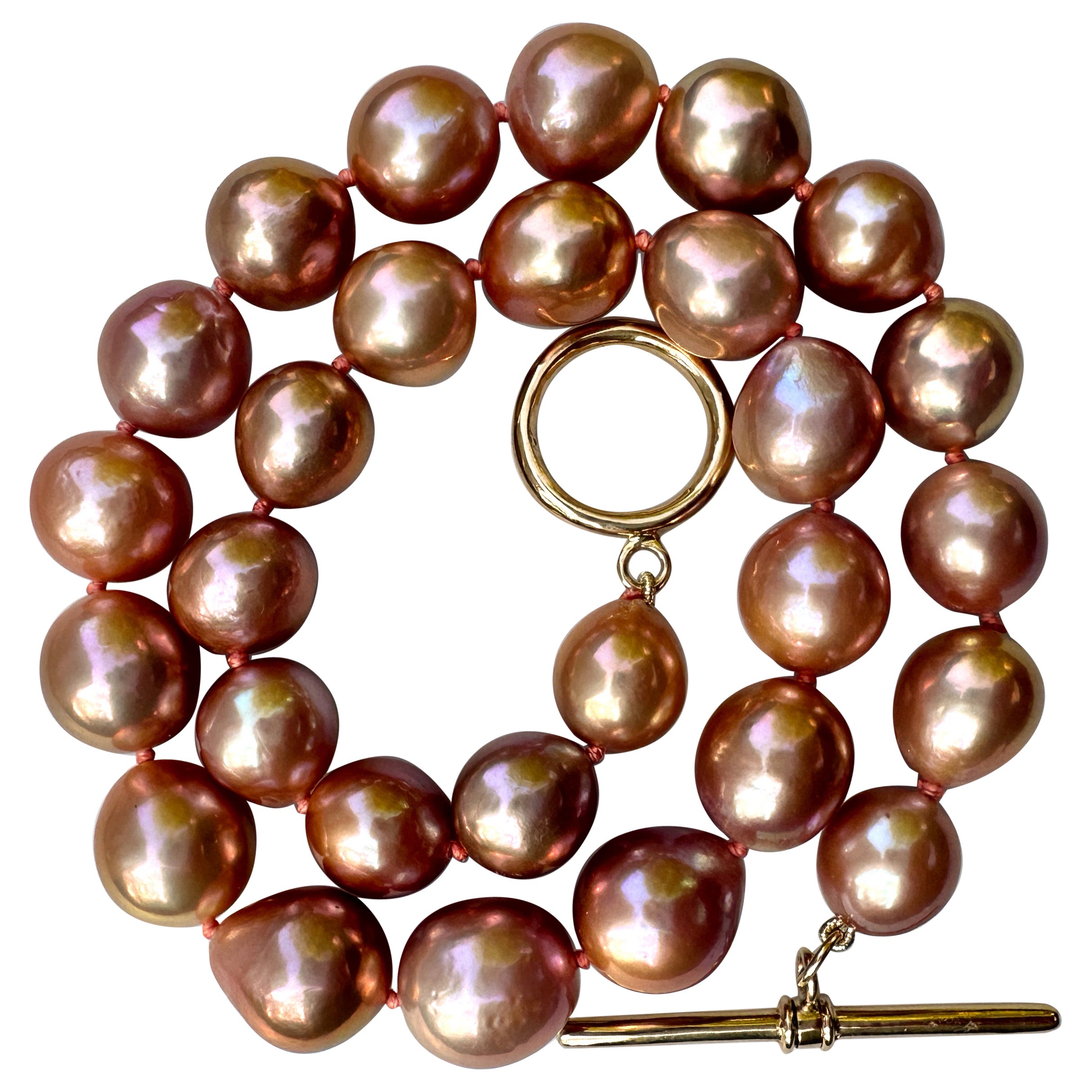 12mm-14mm Edison Baroque Pearls on 17"  Necklace with Large Gold Toggle Clasp For Sale