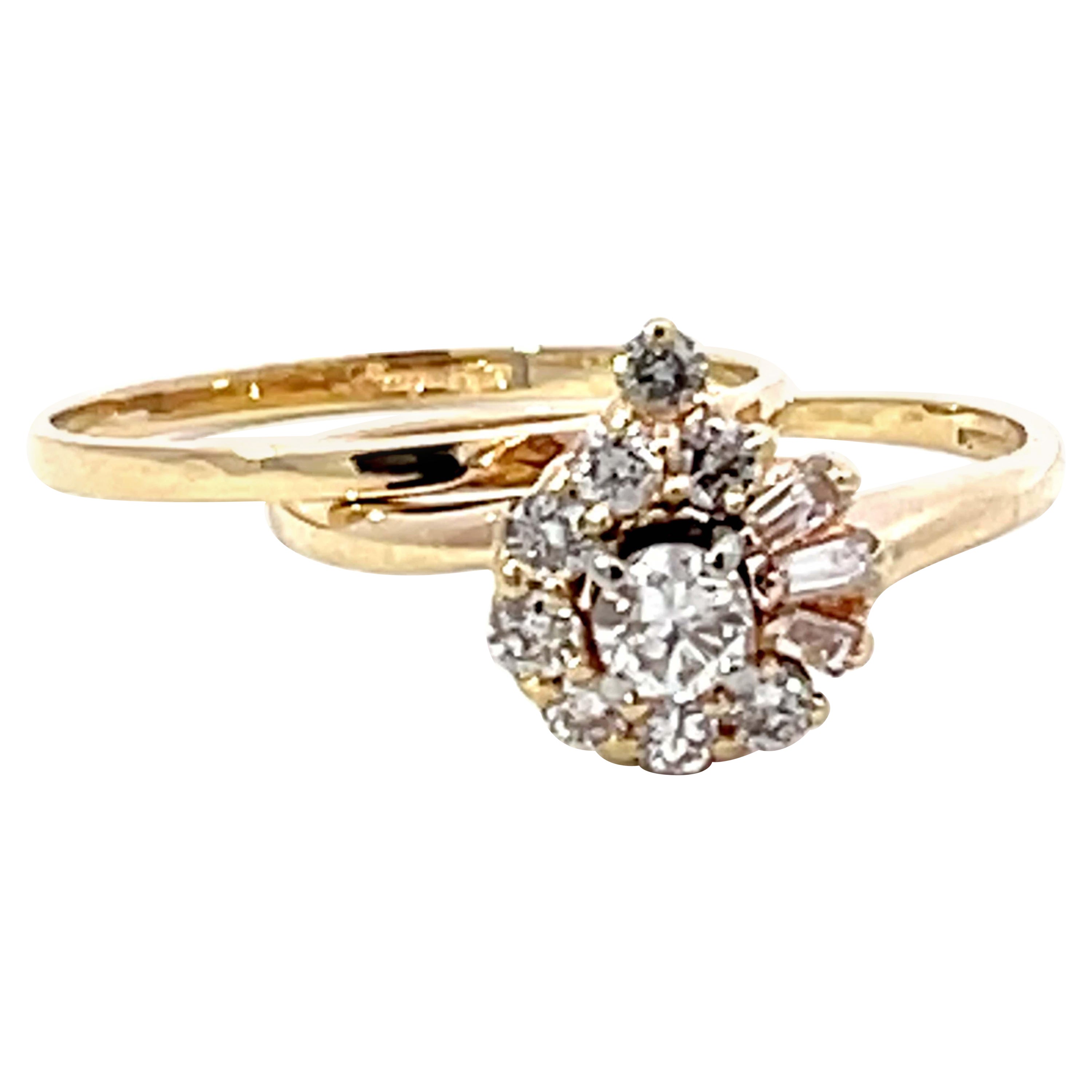 Diamond Flower Double Band Ring Solid 14K Yellow Gold For Sale