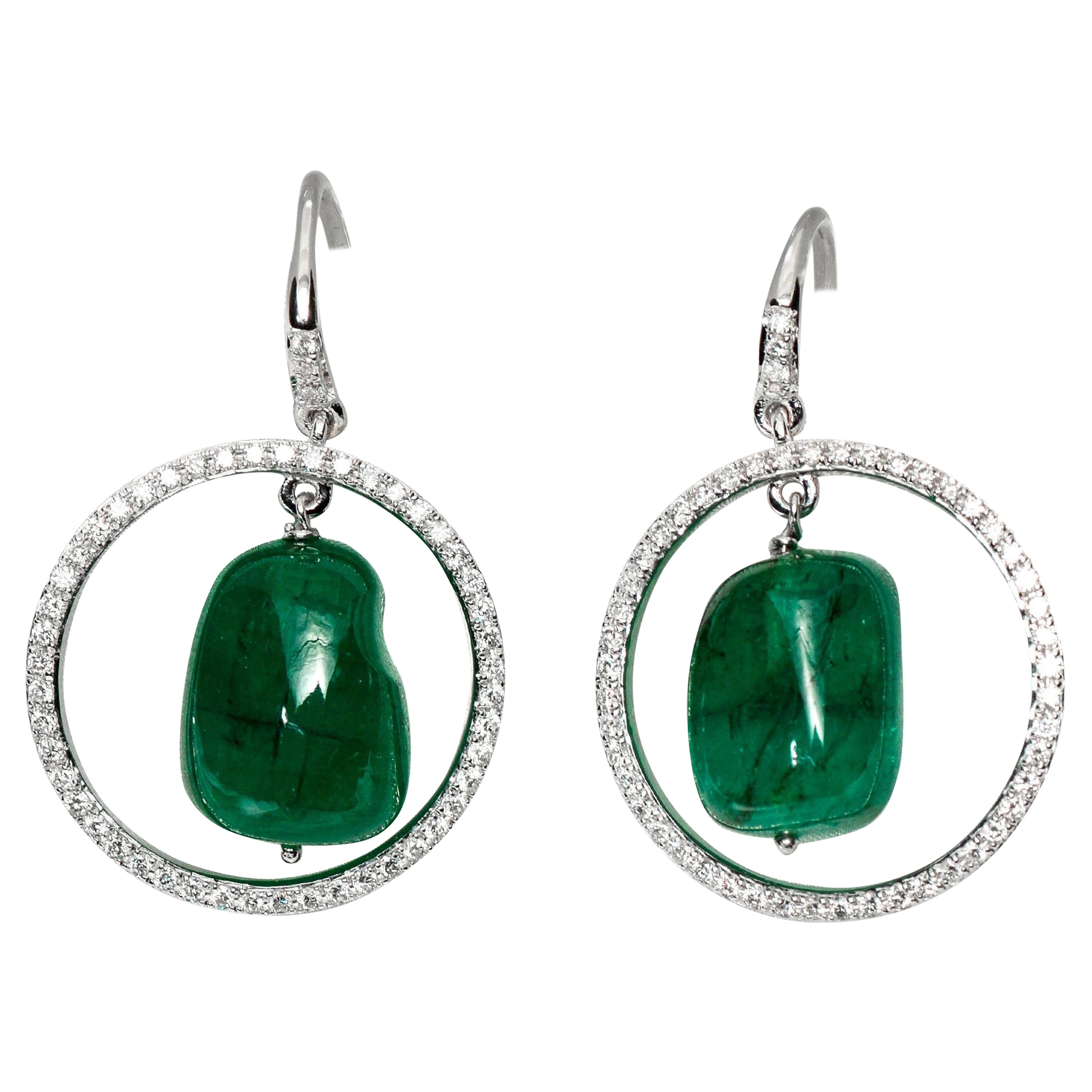 IGI 14k 19.56ct Emerald & Diamonds Antique Art Deco Style Hook Earrings