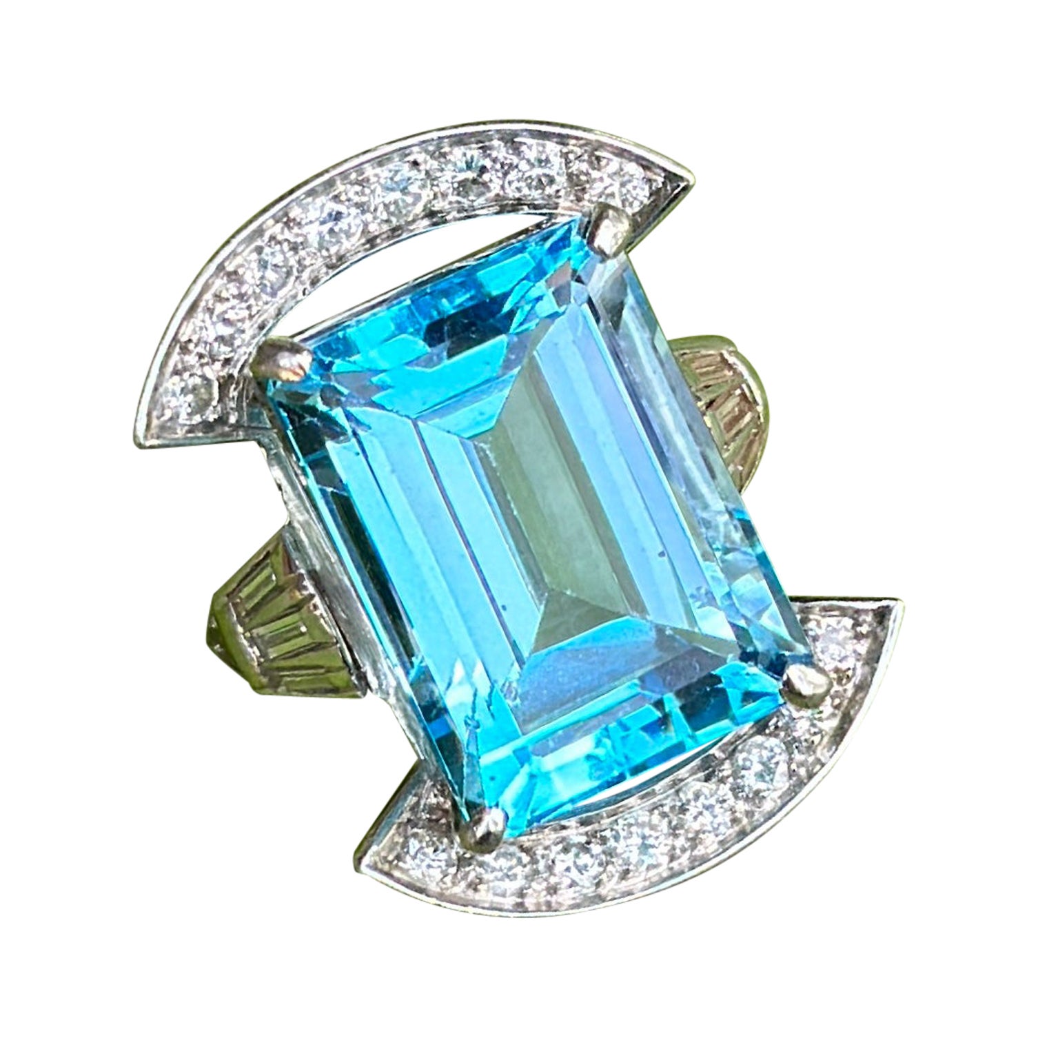 Art Deco 19 Carat Blue Topaz 24 Diamond Platinum Cocktail Ring Statement Ring For Sale
