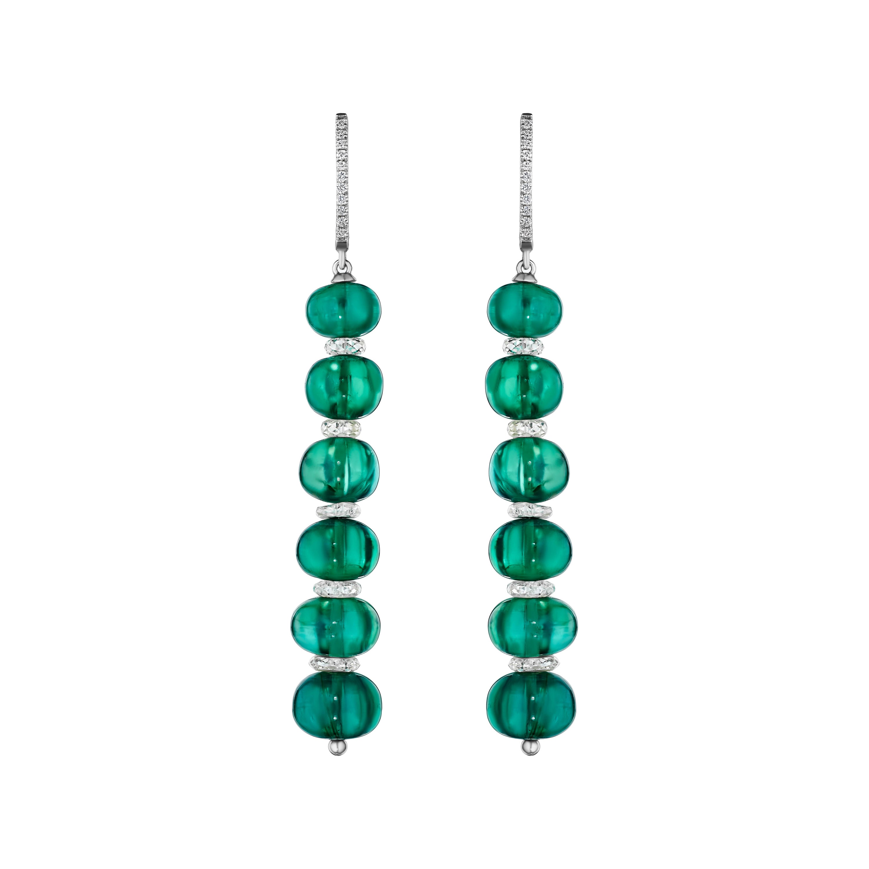 42.67ct Green Emerald Bead & Diamond Drop Earrings For Sale