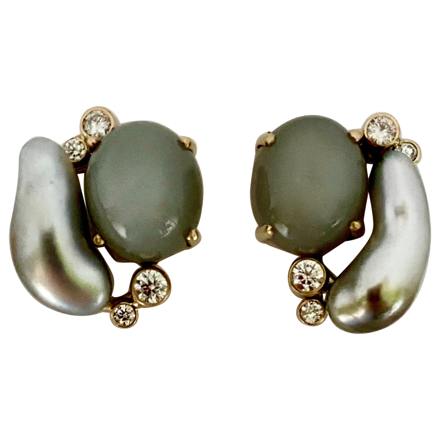 Michael Kneebone Tahitian Keshi Pearl Diamond Gray Moonstone Earrings For Sale