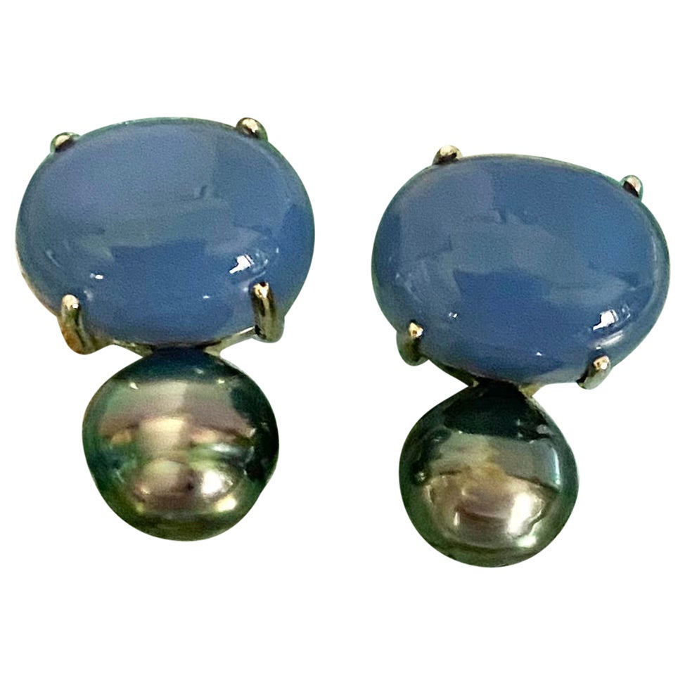 Michael Kneebone Blue Chalcedony Tahitain Rainbow Pearl Drop Earrings