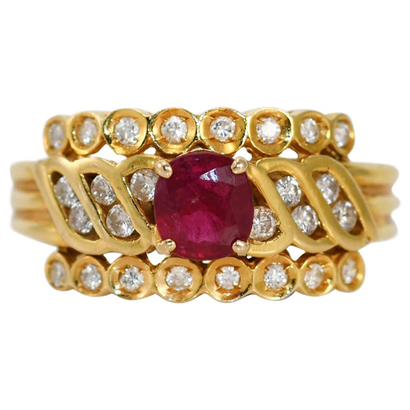 18k Yellow Gold Ruby and Diamond Ring .75tcw 4.9gr For Sale