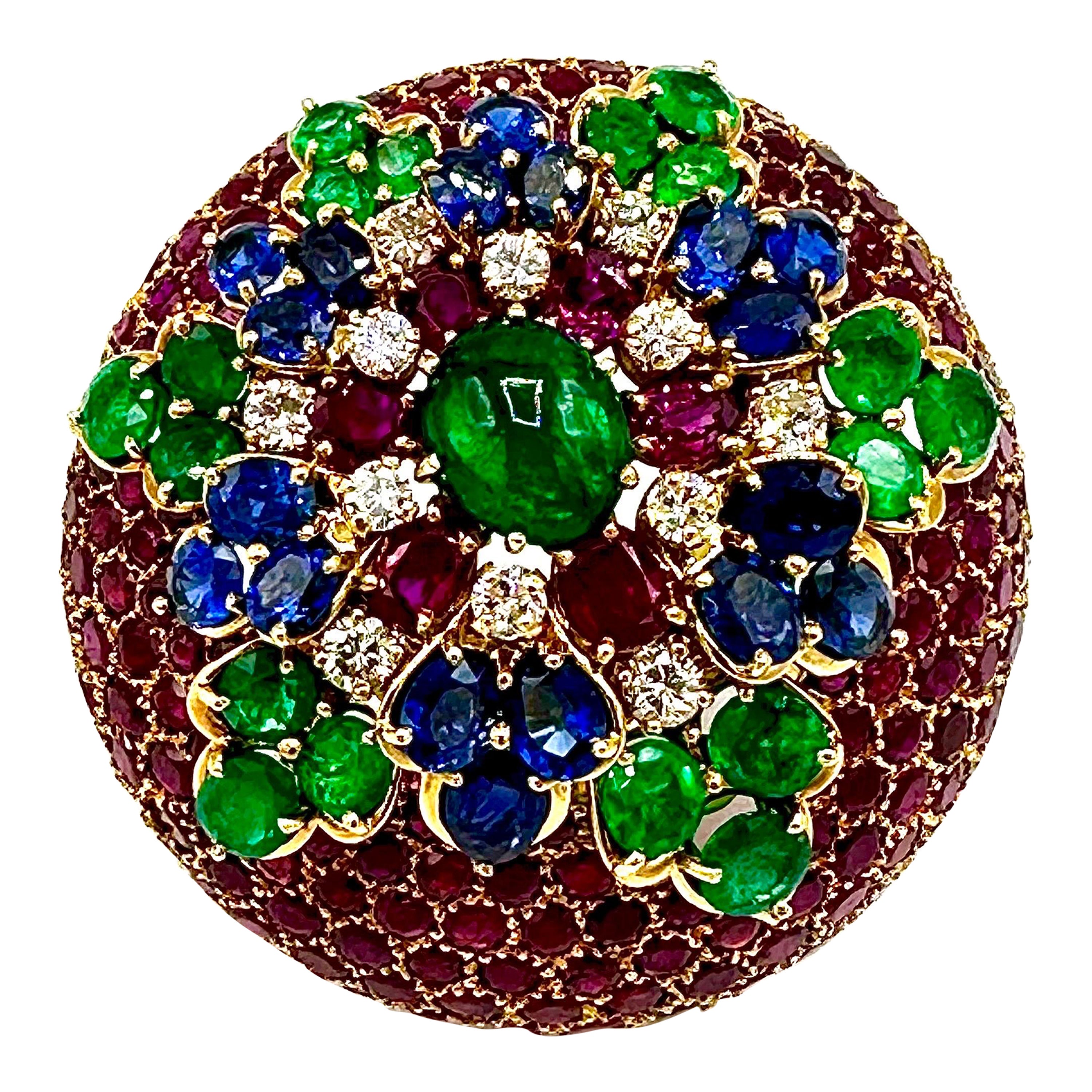 French Made Ruby Emerald Sapphire and Diamond 18K Yellow Gold Brooch For Sale