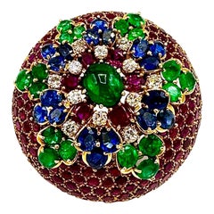 Vintage French Made Ruby Emerald Sapphire and Diamond 18K Yellow Gold Brooch