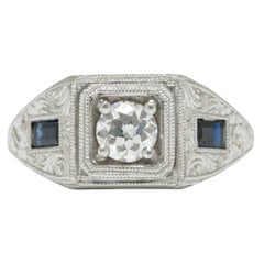 Hand Engraved Vintage Old European Diamond Sapphire Engagement Ring