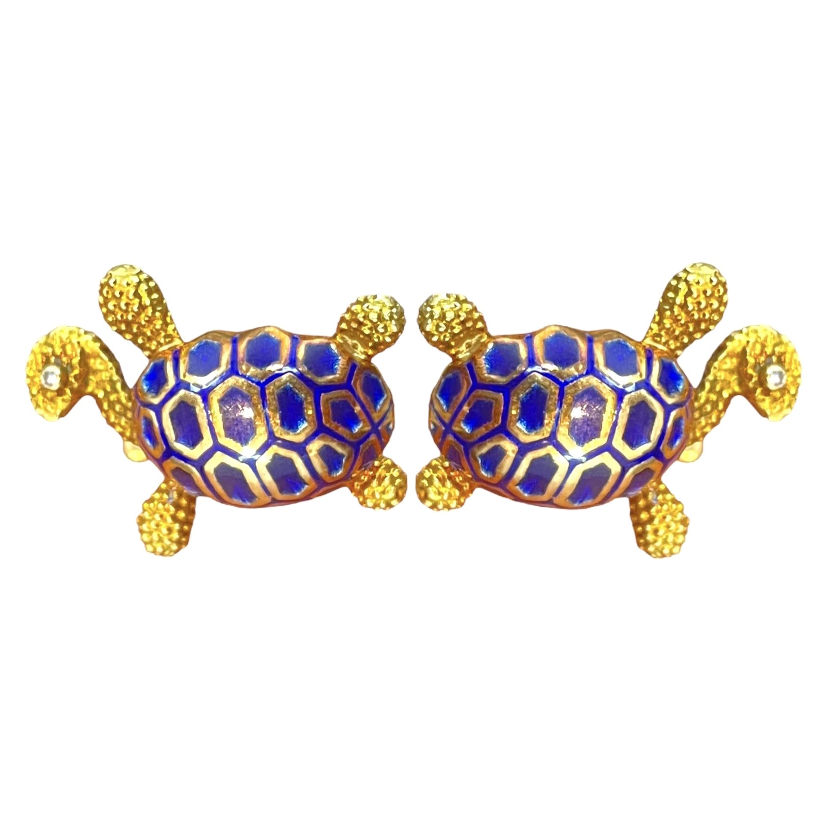 Boutons de manchette tortue en or jaune 14 carats et émail bleu avec yeux en diamant en vente