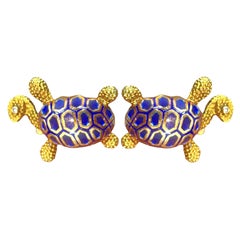 14K Yellow Gold Blue Enamel Turtle Cufflinks with Diamond Eyes