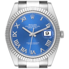 Rolex Datejust 41 Steel White Gold Blue Roman Dial Mens Watch 126334 Box Card