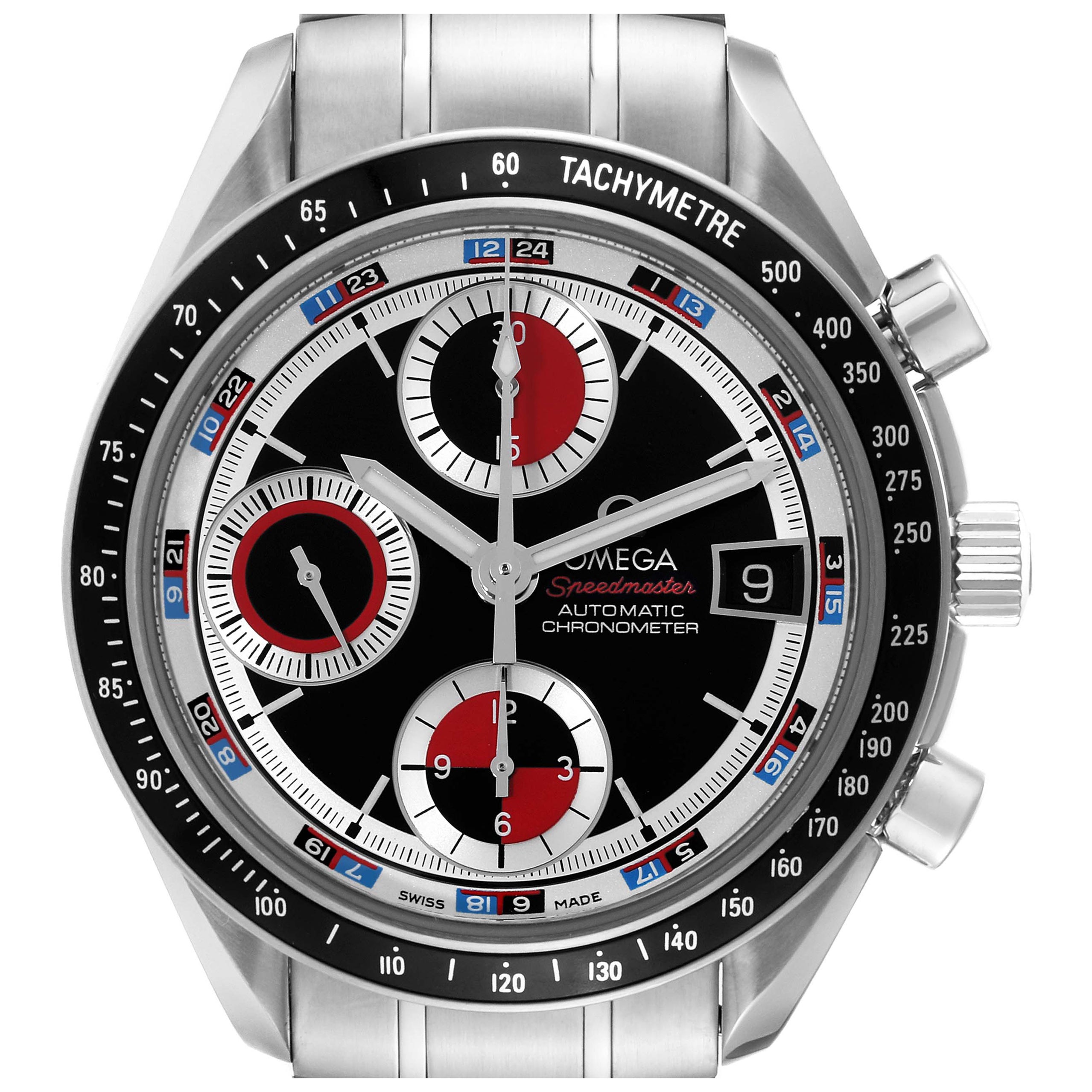Omega Speedmaster Black Red Casino Dial Steel Mens Watch 3210.52.00 Card For Sale
