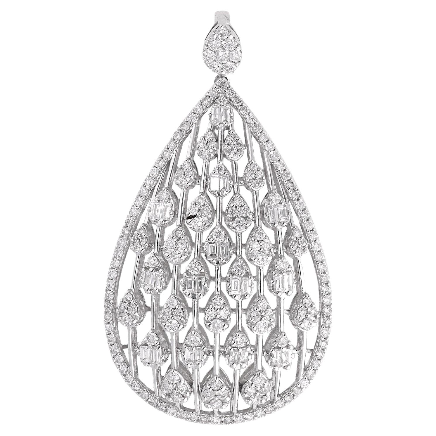 Baguette & Round Diamond Drop Pendant 14 Karat White Gold Handmade Fine Jewelry For Sale