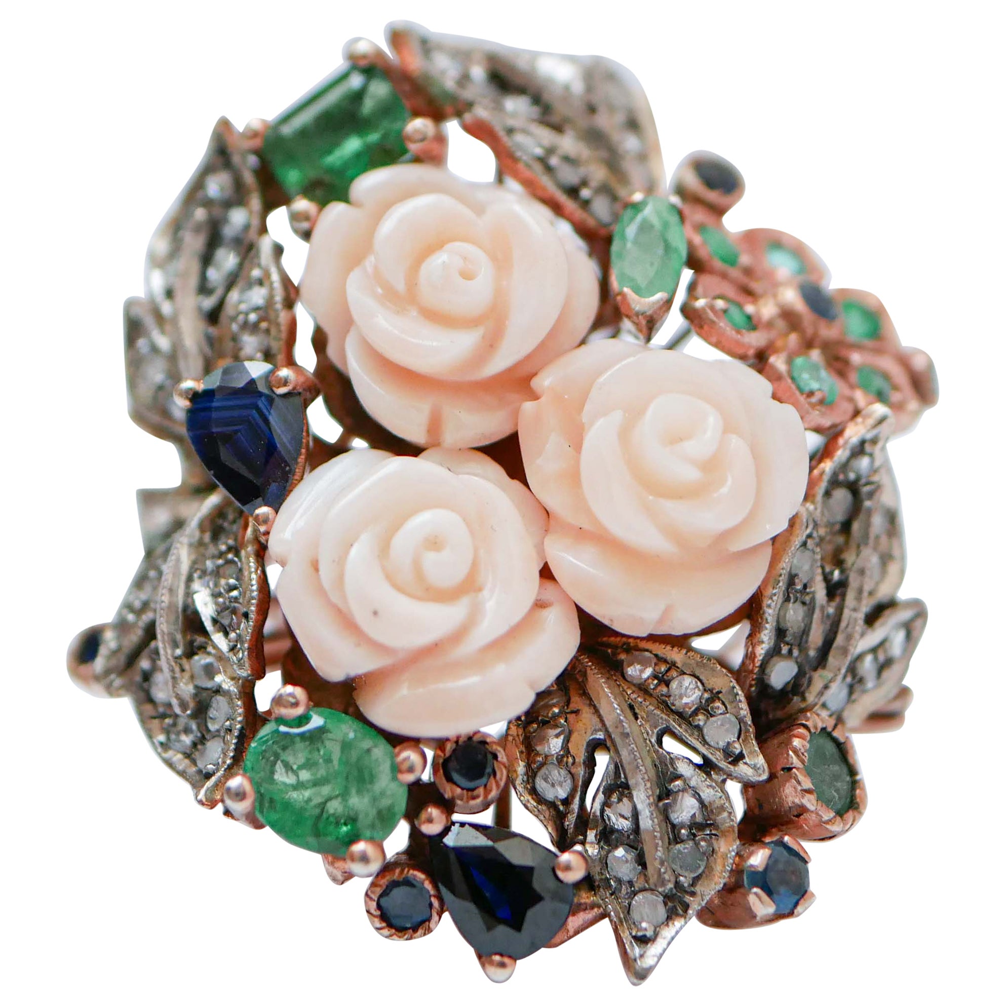 Coral, Emeralds, Sapphires, Diamonds, Rose Gold and Silver Retrò Ring. For Sale
