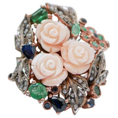 Vintage Coral, Emeralds, Sapphires, Diamonds, Rose Gold and Silver Retrò Ring.
