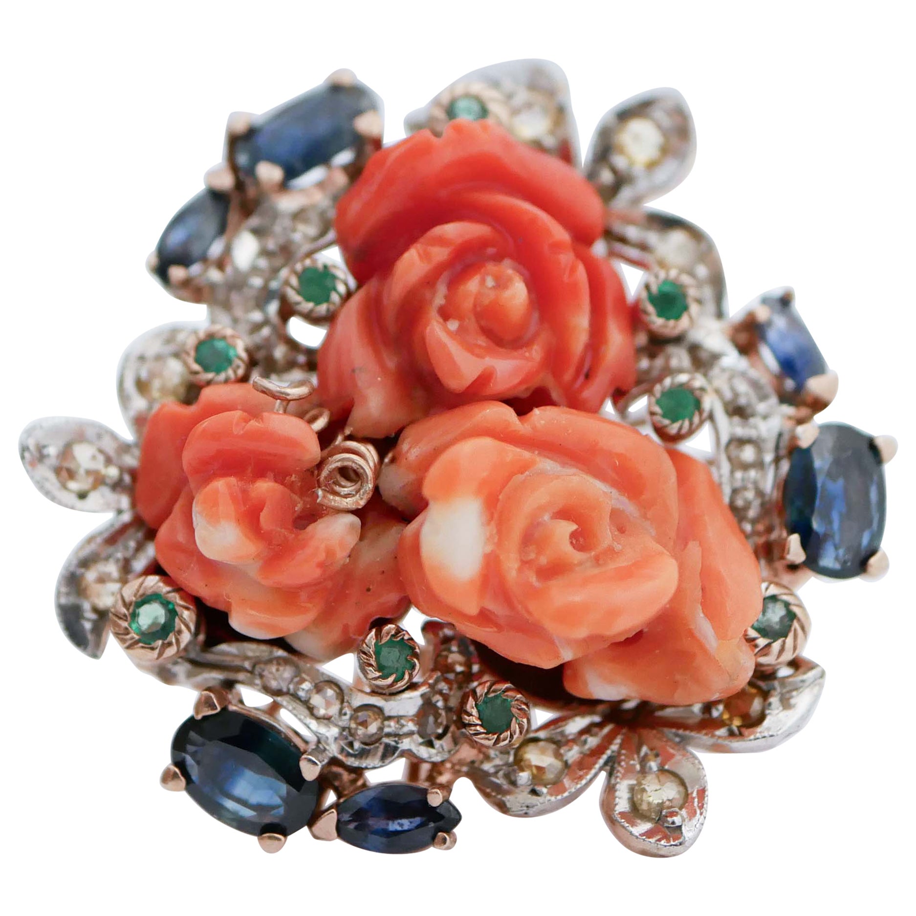 Coral, Sapphires, Emeralds, Diamonds, Rose Gold and Silver Ring. For Sale