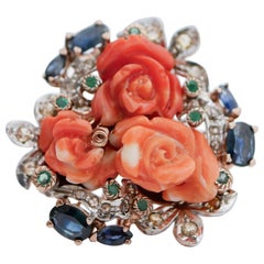 Retro Coral, Sapphires, Emeralds, Diamonds, Rose Gold and Silver Ring.