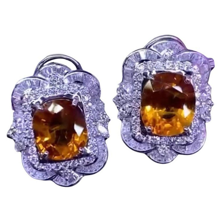 AIG Certified 18.50 Carats Orange Sapphires  3.56 Ct Diamonds 18K Gold Earrings  For Sale